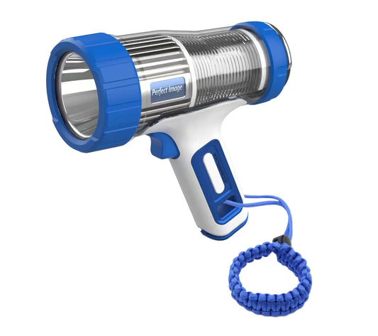 Blue and white flashlight with a coiled cord on a light gray background