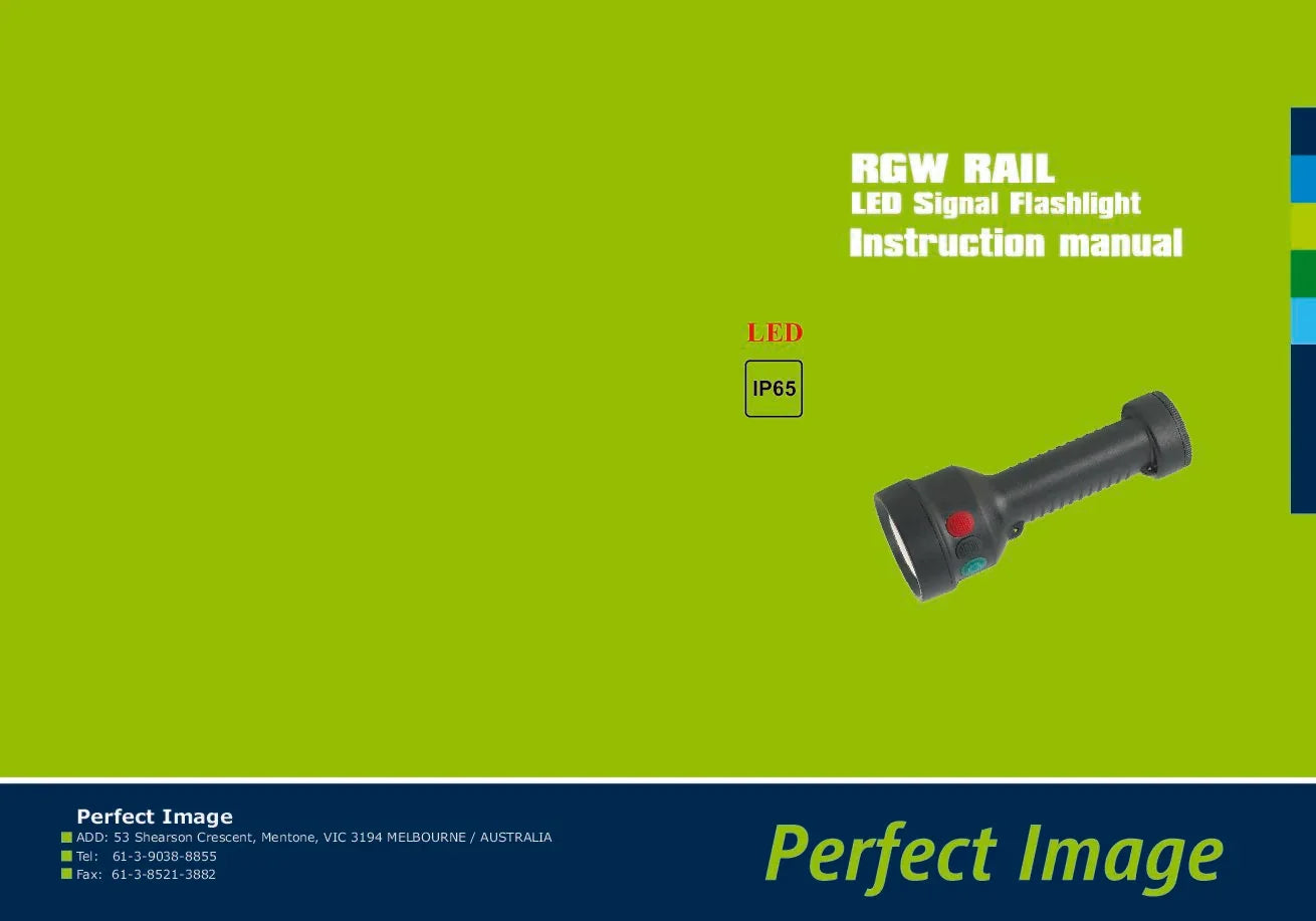 RGW RAIL LED Signal Flashlight with IP65 rating, shown on instruction manual cover for outdoor and industrial use.