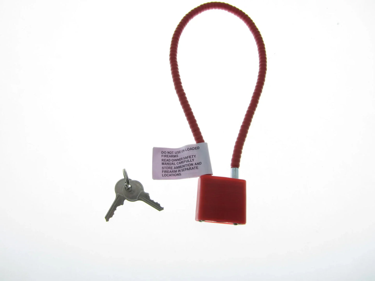 Red safety cable lock with keys and warning label for secure storage