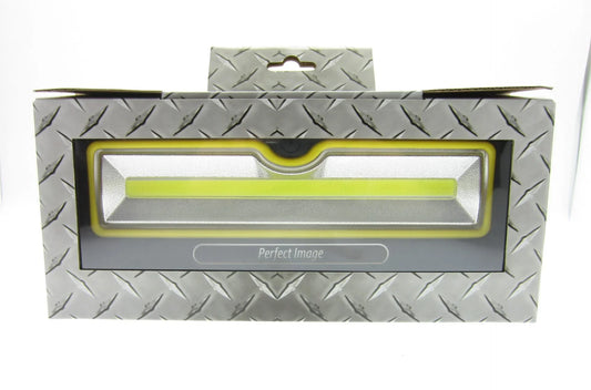 LED work light with yellow trim in diamond plate packaging, ideal for camping, fishing, mining