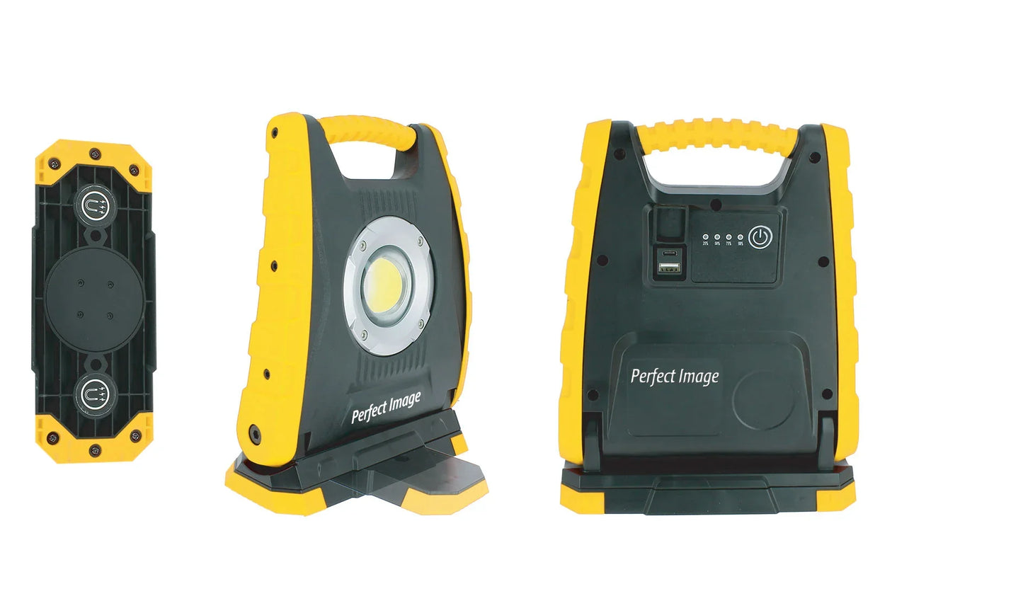Yellow and black LED work light with magnetic base and USB ports for camping and mining