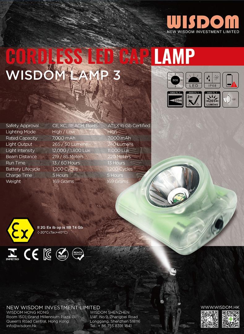 Cordless LED cap lamp for mining, ATEX certified, 265 lumens, IP68 waterproof, 220m beam distance