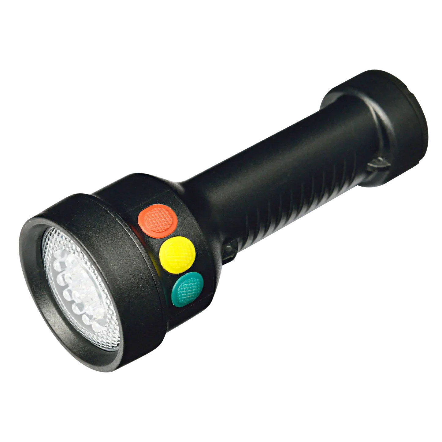 Black LED torch with red, yellow, and green buttons for camping and fishing use