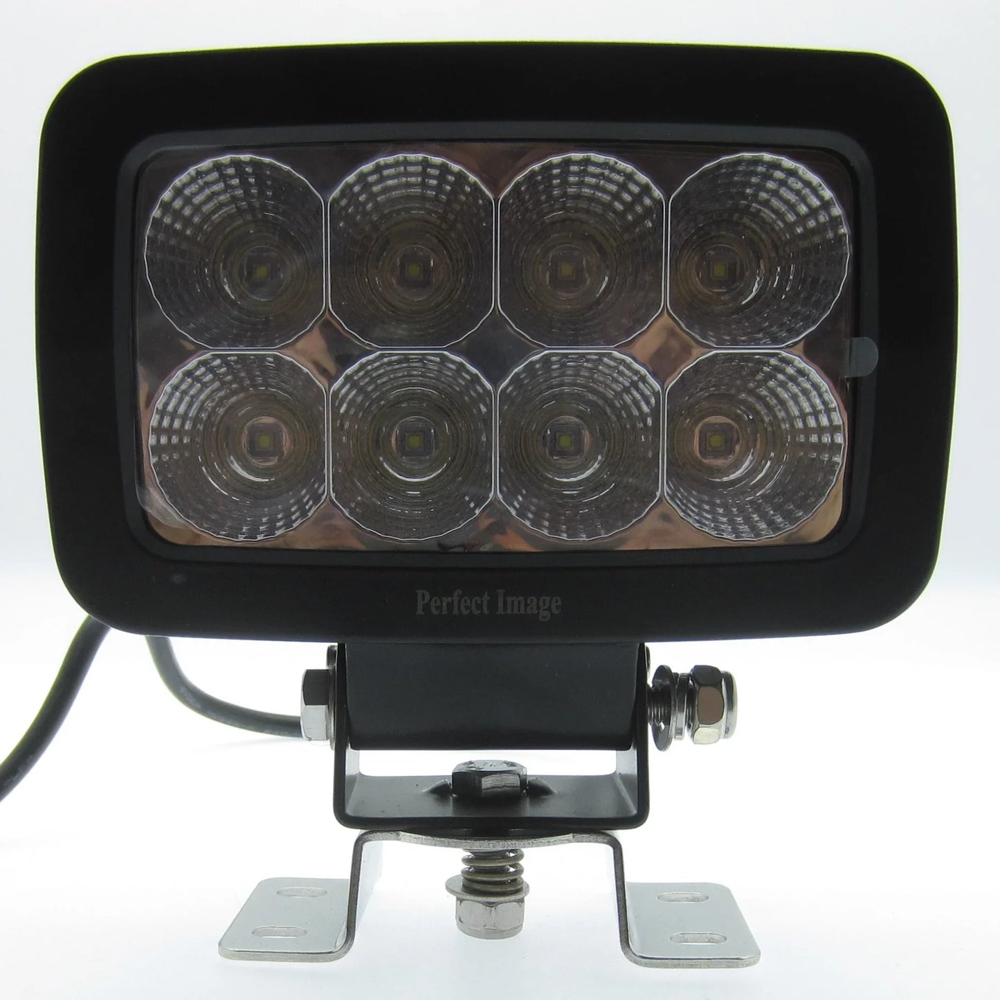 Black LED work light with 8 circular LEDs, metal mount, and wiring for off-road, marine, or mining use