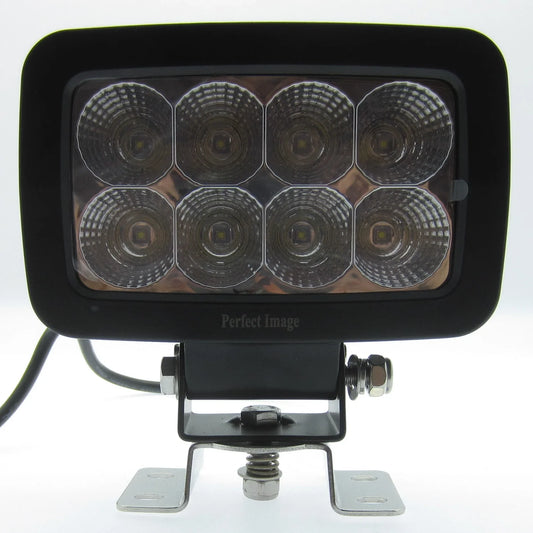 Black LED work light with 8 circular LEDs, metal mount, and wiring for off-road, marine, or mining use
