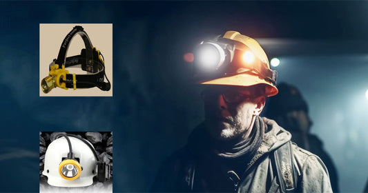 Wisdom cap lamp mounted on hard hat for mining use in Australia