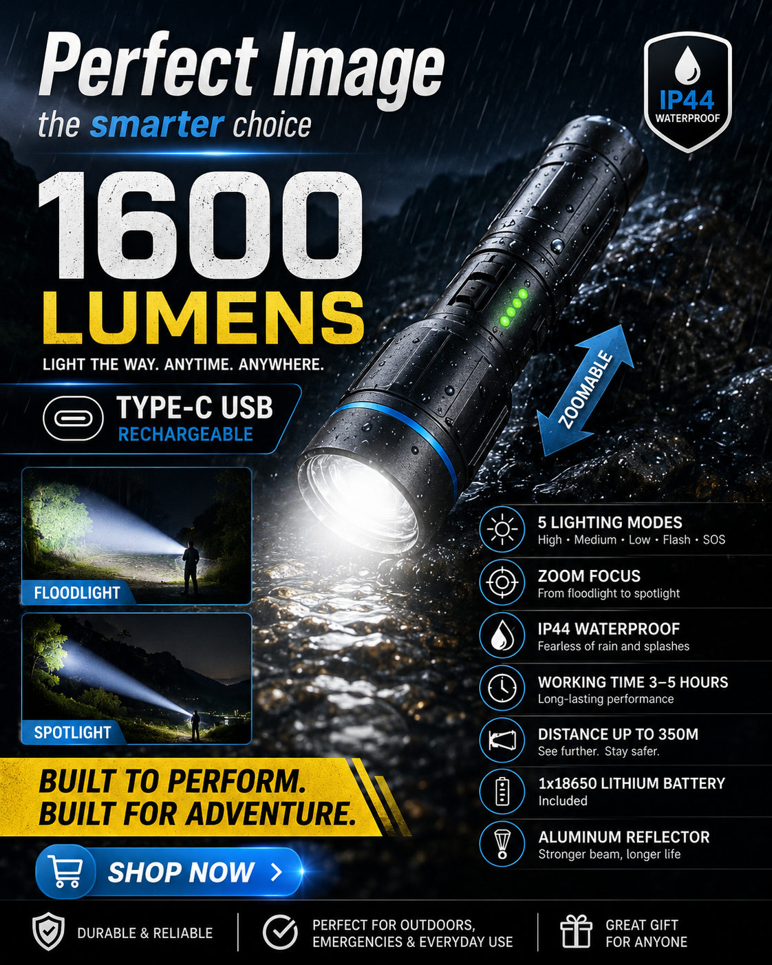 Rechargeable 1600 Lumen Zoom Torch