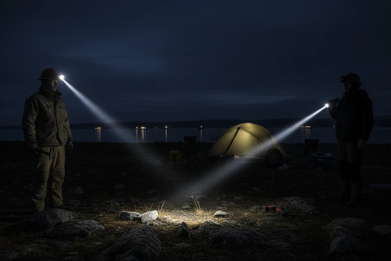 Two people with flashlights in hand and safety headlamp