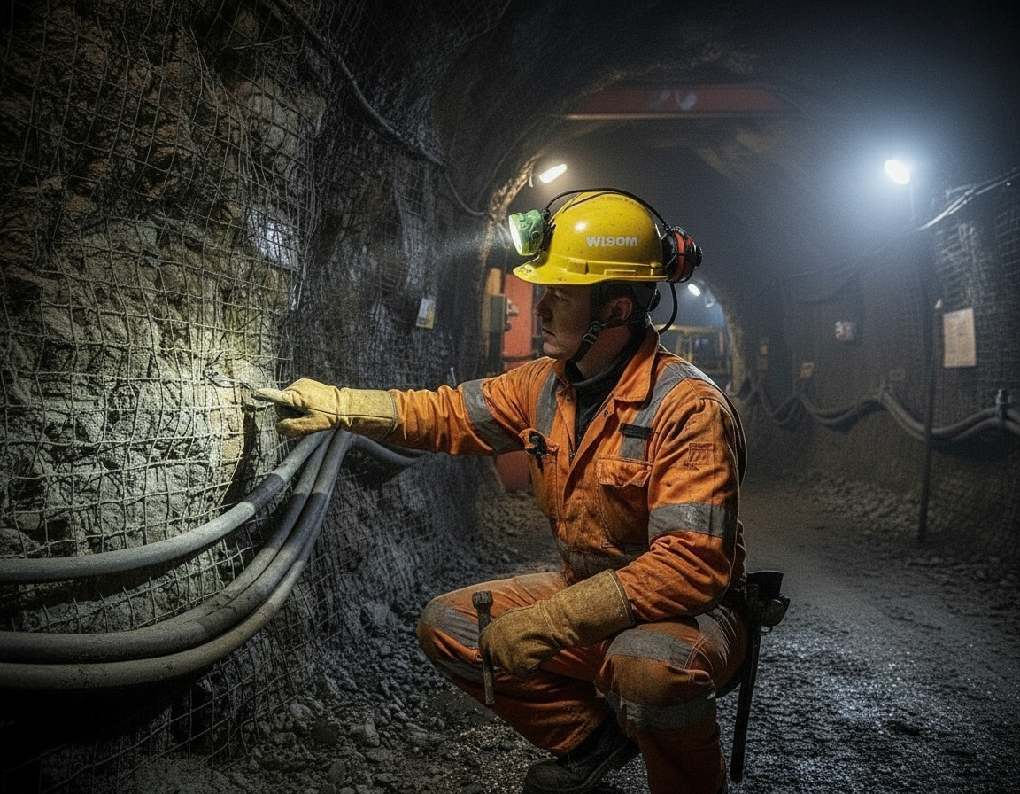 Person in a mining setting wearing safety gear wisdom cap lamp and working with cables.